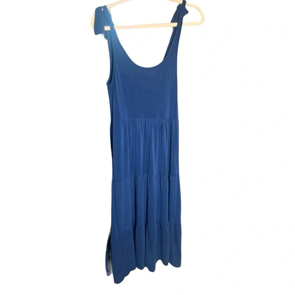 Green envelope shoulder tie bow sleeveless blue tiered drop dress size medium - Picture 6 of 9